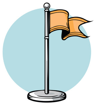 Waving orange flag on a chrome flagpole stand. Cartoon style vector graphic for success and achievement.