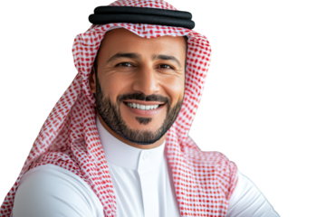A Confident Male Portrait Showcasing Traditional Arabian Attire and a Warm Smile Against a Dark Background, Emphasizing Cultural Identity and Charisma, png, isolated on transparent background