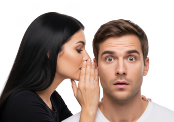 Woman whispering secret information into a man s ear with a surprised expression on transparent background isolated on transparent background