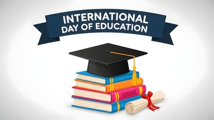 Colorful school supplies arranged in a circle with international education day text