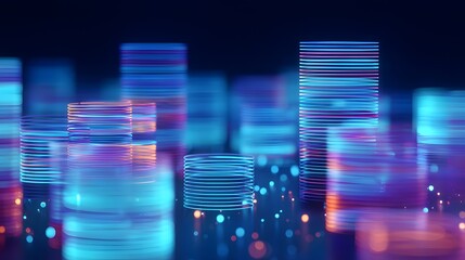 Cityscape with many buildings and a lot of blue and purple. The buildings are made of circles and the city is lit up with neon lights