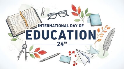 Vintage illustration of a quill pen globe and open book with education text