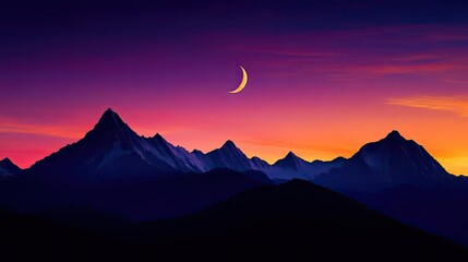 Majestic mountain range silhouette against a twilight sky painted with deep purple and orange hues
