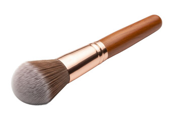 A single fluffy makeup brush with a wooden handle and rose gold ferrule isolated on transparent background