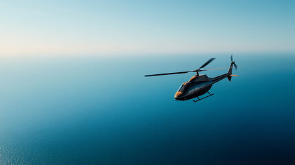 Fototapeta premium A helicopter soars gracefully over a calm, endless expanse of blue ocean. The sky is clear, creating a picturesque view of transportation, and freedom. A smooth flight.