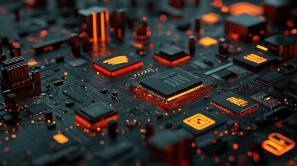 fintech concept with glowing neon icons and circuit board connections on dark background finance technology