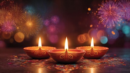 happy diwali festival background with diya oil lamps and fireworks diwalithemed abstract colorful background