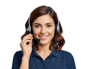 Smiling young woman wearing a headset with a microphone ready to assist customers isolated on transparent background