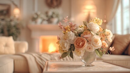 elegant floral arrangement in a cozy living room home interior decor soft lighting warm atmosphere inviting aesthetic