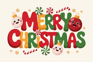 Merry christmas text with cute cartoon ornaments, candy canes, and snowflakes on a light background