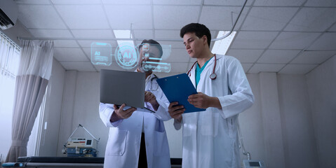 Using AI. Doctors collaborating and using futuristic AI holographic interfaces. They review digital health diagnostics analyze medical ai data. Discuss patient insights via ai healthcare technology.