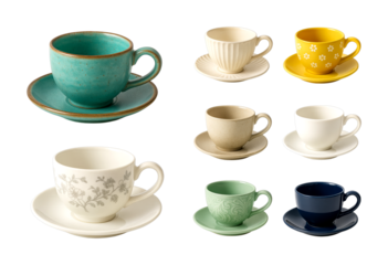 Seven assorted ceramic coffee tea cups and saucers, each featuring a distinct color, texture, and decorative pattern, creating a vibrant collection.
