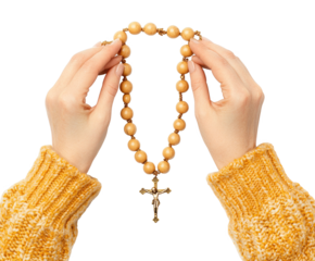 Delicate Hands Holding a Beautiful Rosary with Cross Pendant, Symbolizing Faith, Prayer, and Spiritual Reflection in a Joyous Yellow Knit Sweater, png, isolated on transparent background