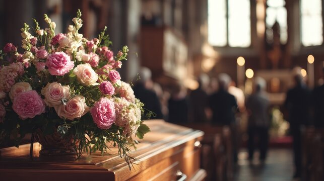 funeral ceremony inside a sunlit church beautiful rose bouquet adorns a wooden coffin blurred people mourn pay last respects to deceased at the farewell memorial service