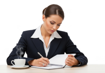 Focused businesswoman in a dark suit diligently writing notes in a notebook with a steaming cup of coffee beside her isolated on transparent background