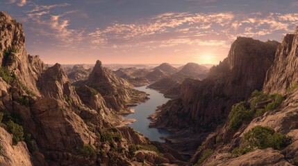 canyon panorama with river and sunset useful for articles about nature and travel