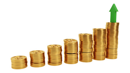 Ascending Gold Coin Stacks with Green Arrow PNG