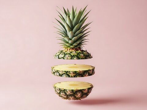 Floating Sliced Pineapple on Pink Background. - Powered by Adobe