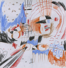 Abstract neo-expressionist drawing with mask-like faces, cold pastel background and dynamic red-orange lines. Hand-drawn psychological artwork with expressive tension and raw graphic energy.