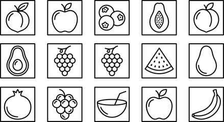 Fruit line icon collection featuring apples grapes berries bananas watermelon avocado papaya pomegranate minimal outlined graphics, illustration