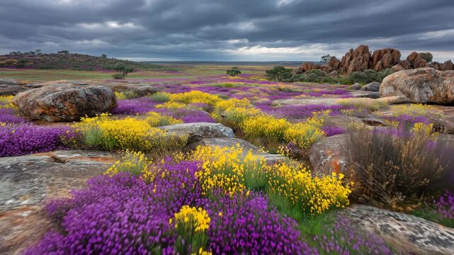 Ultra HD Vibrant field of yellow and purple wildflowers blooming among large granite rocks under a dramatic, stormy sky in the australian outback landscape video