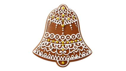 An artistic gingerbread bell cookie beautifully decorated with intricate patterns. The bell-shaped cookie is adorned with white icing and touches of golden sugar, creating a festive appearance.