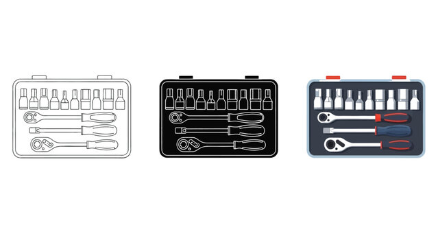 Set of Tool Kits Vector Set in Three Styles &mdash; Line Art, Silhouette and Color Version Designs