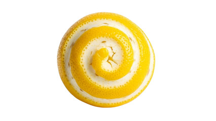 Closeup of a spiral sliced yellow lemon with visible seeds and pith citrus