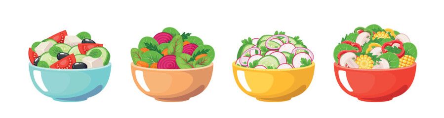 Vegetables salads. Different herbal ingredients, healthy raw food, sliced tomatoes, beets and radishes, tasty and fresh. Lunch and dinner menu classy vector cartoon flat isolated set
