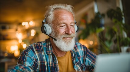 Man wearing headphones and smiling at a laptop. He is wearing a plaid shirt and a yellow shirt