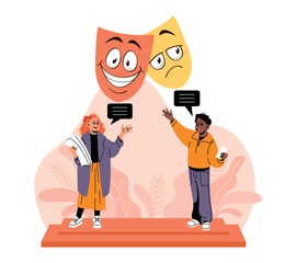 Theatral repetition. Actors learn dialogue text for the roles, tragicomedy performance on stage, comedy and tragedy masks, dramatic expression cartoon flat style isolated vector concept