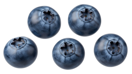 Closeup of five blueberries with digital glitch effect and abstract background
