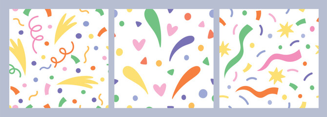 Confetti seamless patterns. Party time elements, different shapes color paper pieces, firecrackers and poppers contents. Decor textile, wrapping paper. Print for fabric garish vector set