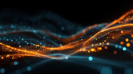 an abstract digital illustration of flowing data streams with glowing orange and blue lights against a dark background evoking a sense of technology and innova