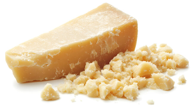 A wedge of parmesan cheese with crumbled pieces isolated on white background