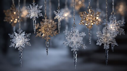 sparkling winter decorations with icicles and snowflake ornaments
