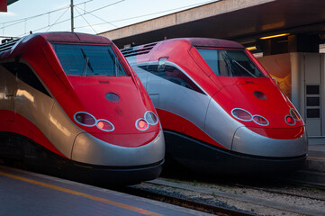 Two high-speed train waiting for passengers
