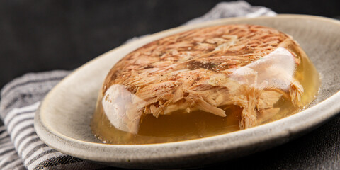 Meat jelly dish aspic meat brawn food Sülze pieces of meat in jelly pork, beef healthy food appetizer fresh delicious exquisite food background on the table rustic food top view copy space