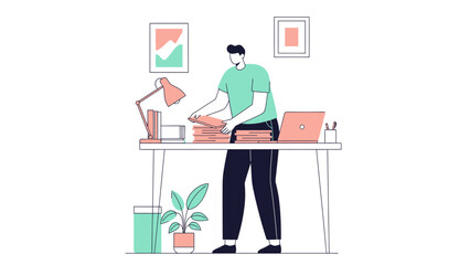 Illustration of a person working at a desk surrounded by a lamp, laptop, plants, and picture frames.