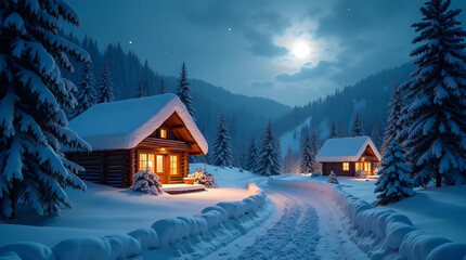 Peaceful Winter Night Scene with Snowfall and Moonlight