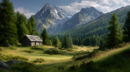 Remote alpine meadow with single cabin and grazing wildlife