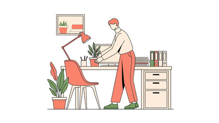 Illustration of a person working at a desk with plants and office supplies minimalist design