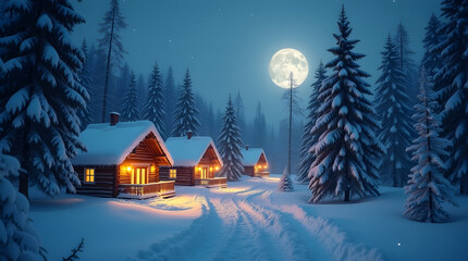 Magical Snowy Winter Night Landscape with Glowing Cabins