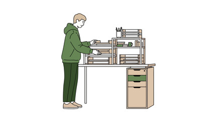 Illustration of a person working at their desk organizing papers in the home office