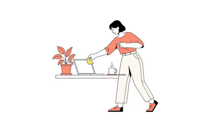 Illustration of a woman adding a sticky note to a laptop computer on a desk