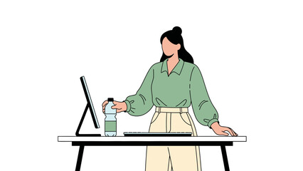Illustration of a woman at a desk with a computer and a bottle of water minimal graphic design