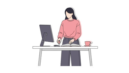 Illustration of a woman at a desk with a computer, book, and coffee cup