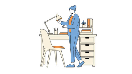 Illustration of a woman at a desk in her home office with a lamp, chair, and drawers
