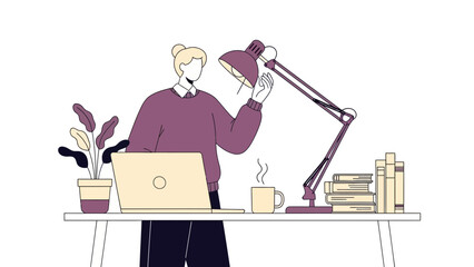 Illustration of a woman at a desk with a laptop and a lamp working at home