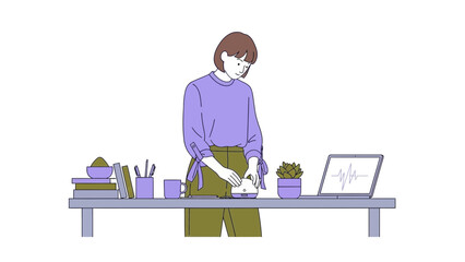 Illustration of a woman at a desk with a laptop and a small plant, minimalist style design